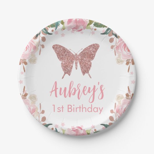 Roze glitter Butterfly Verjaardagspapier Bord (Voorkant)