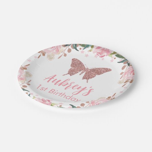 Roze glitter Butterfly Verjaardagspapier Bord (Gekanteld)