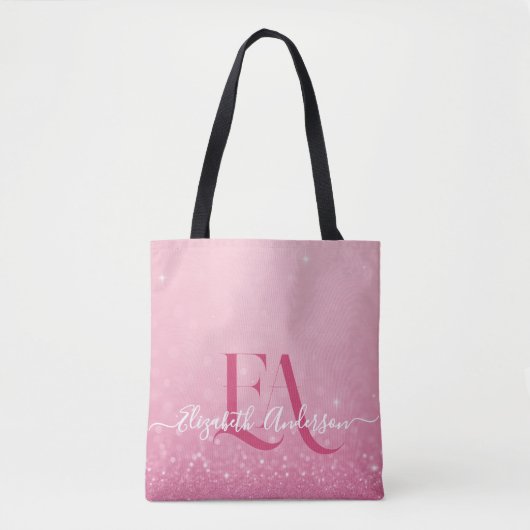 Roze Glitter Canvas tas met Initialen & Naam (Voorkant)