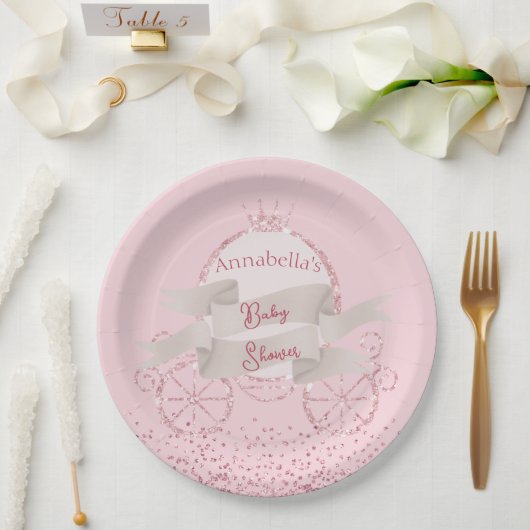 Roze Glitter Carriage Fairy Tale Baby shower Papieren Bordje (Huwelijk)