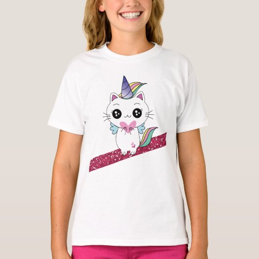 Roze Glitter Caticorn T-shirt (Voorkant)