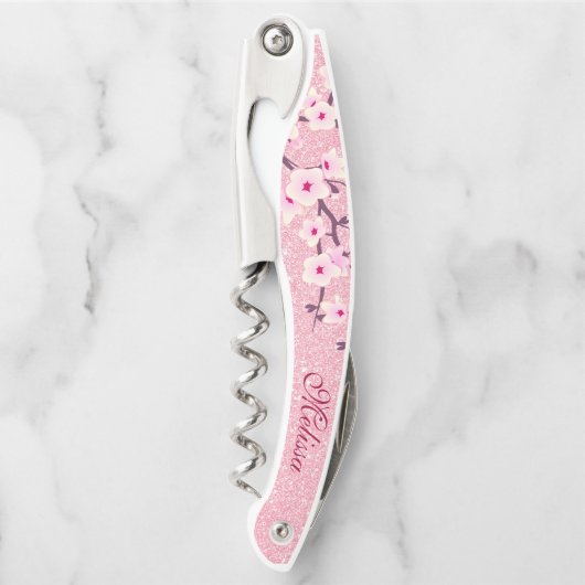 Roze Glitter Cherry Blossom Monogram Girly Kurkentrekker (Voorkant)