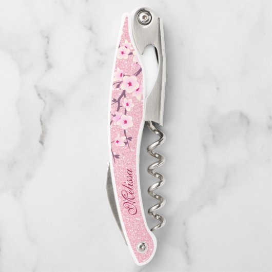 Roze Glitter Cherry Blossom Monogram Girly Kurkentrekker (Achterkant)