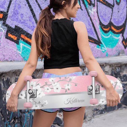 Roze Glitter Cherry Blossom Monogram Girly Persoonlijk Skateboard