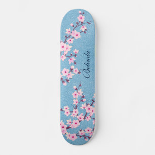 Roze Glitter Cherry Blossom Monogram Girly Persoonlijk Skateboard