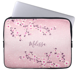 Roze Glitter Cherry Blossom Monogram Laptop Sleeve