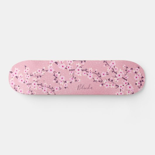 Roze Glitter Cherry Blossom Monogram Persoonlijk Skateboard (Horizontaal)