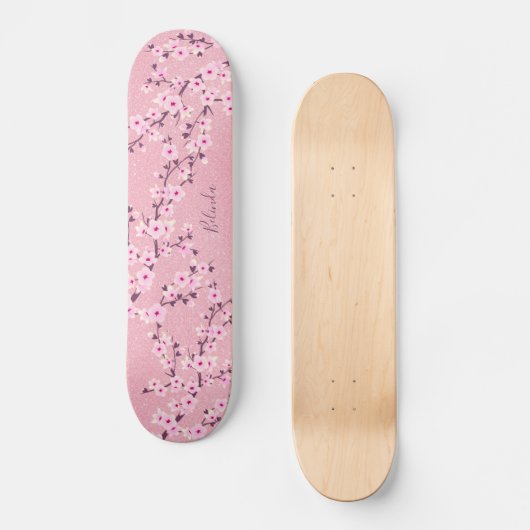 Roze Glitter Cherry Blossom Monogram Persoonlijk Skateboard (Voorkant)