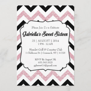 Roze Glitter Chevron Sweet 16 Uitnodiging