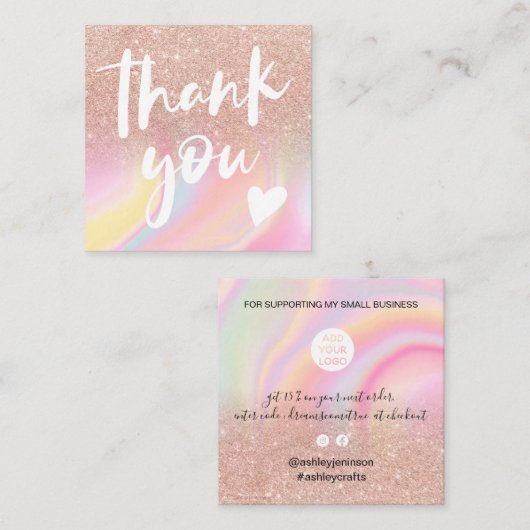 roze glitter chic rainbow marmer pastel dank u vierkante visitekaartje (Voorkant / Achterkant)