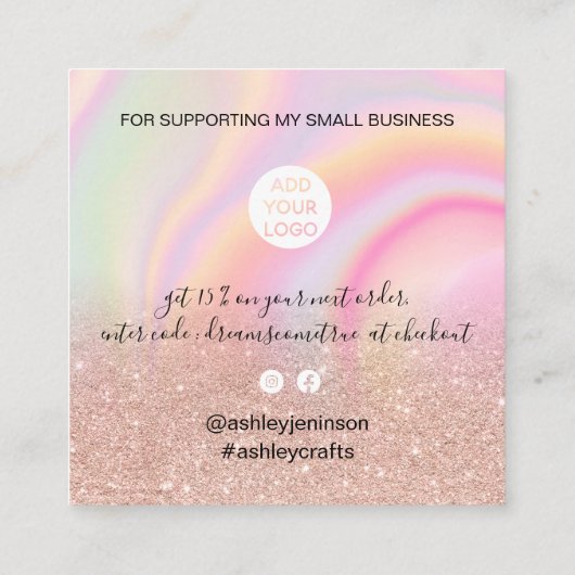 roze glitter chic rainbow marmer pastel dank u vierkante visitekaartje (Achterkant)