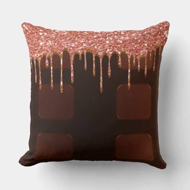 Roze Glitter Chocolade Drip Suiker Snoepjes Meisje Kussen (Voorkant)