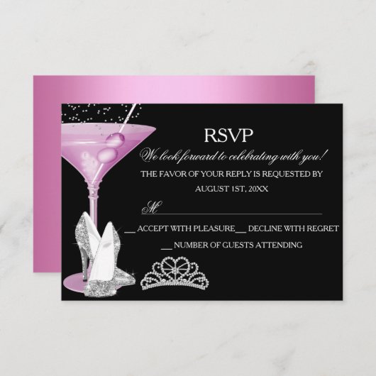 Roze Glitter Cocktail Bachelorette Party RSVP (Voorkant / Achterkant)