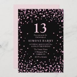 Roze Glitter Confetti 13th Birthday Party Invite Kaart