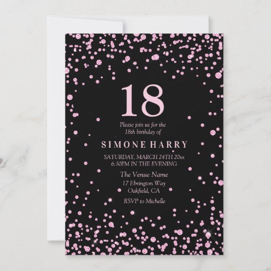 Roze Glitter Confetti 18e Birthday Party Invite Kaart (Voorkant)
