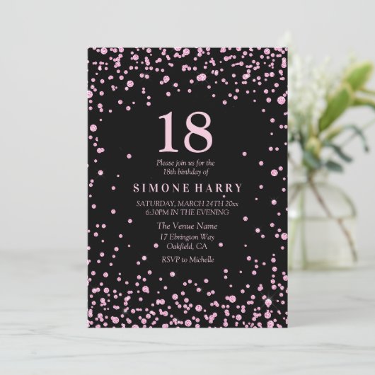 Roze Glitter Confetti 18e Birthday Party Invite Kaart (Staand voorkant)