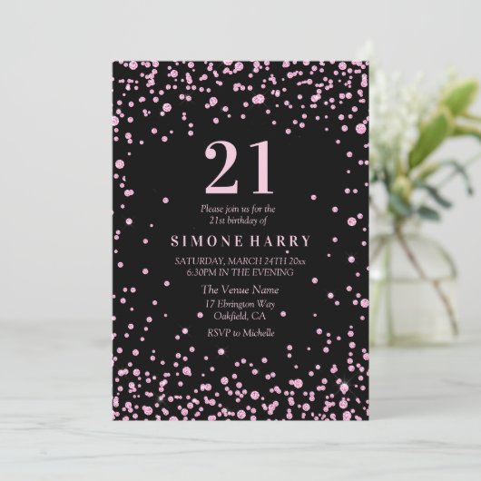Roze Glitter Confetti 21st Birthday Party Invite Kaart (Staand voorkant)