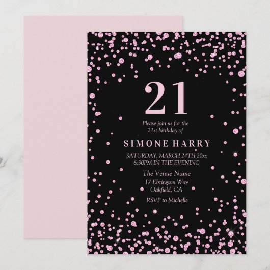 Roze Glitter Confetti 21st Birthday Party Invite Kaart (Voorkant / Achterkant)
