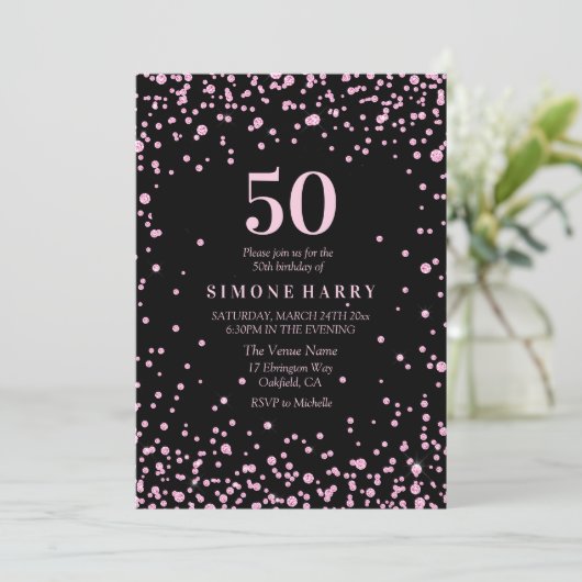 Roze Glitter Confetti 50th Birthday Party Invite Kaart (Staand voorkant)