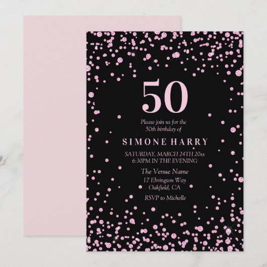 Roze Glitter Confetti 50th Birthday Party Invite Kaart (Voorkant / Achterkant)
