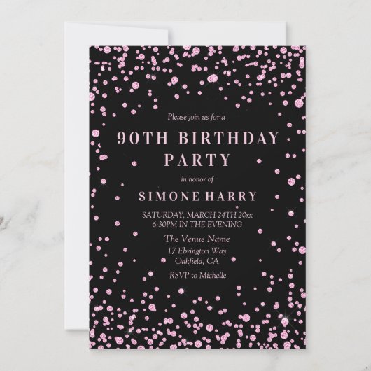 Roze Glitter Confetti 90th Birthday Party Invite Kaart (Voorkant)