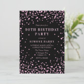 Roze Glitter Confetti 90th Birthday Party Invite Kaart (Staand voorkant)