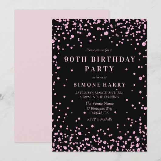 Roze Glitter Confetti 90th Birthday Party Invite Kaart (Voorkant / Achterkant)