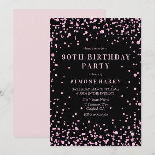 Roze Glitter Confetti 90th Birthday Party Invite Kaart