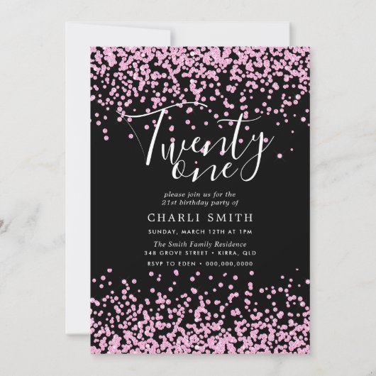Roze Glitter Confetti Black 21st Birthday Invite Kaart (Voorkant)