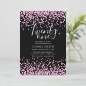 Roze Glitter Confetti Black 21st Birthday Invite Kaart (Staand voorkant)