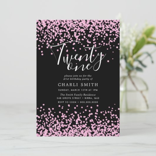 Roze Glitter Confetti Black 21st Birthday Invite Kaart (Staand voorkant)