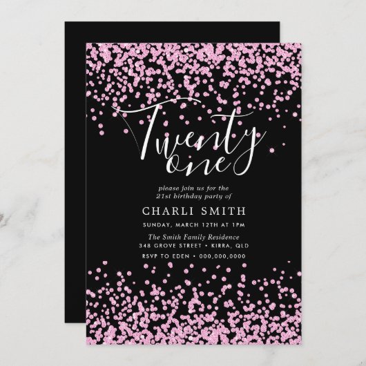 Roze Glitter Confetti Black 21st Birthday Invite Kaart (Voorkant / Achterkant)