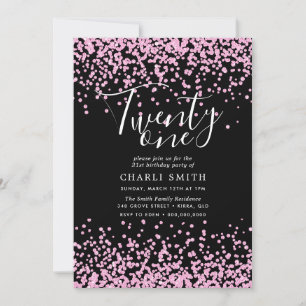 Roze Glitter Confetti Black 21st Birthday Invite Kaart