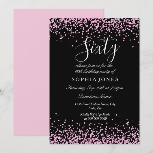 Roze Glitter Confetti Black 60ste verjaardag Kaart (Voorkant / Achterkant)