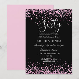 Roze Glitter Confetti Black 60ste verjaardag Kaart