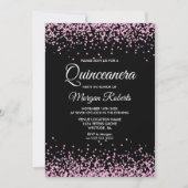 Roze glitter Confetti Black Quinceanera Invite Kaart (Voorkant)