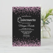 Roze glitter Confetti Black Quinceanera Invite Kaart (Staand voorkant)