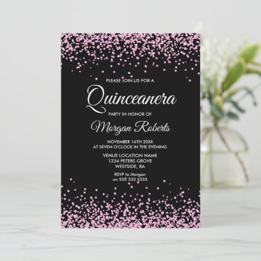 Roze glitter Confetti Black Quinceanera Invite Kaart (Staand voorkant)
