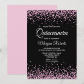 Roze glitter Confetti Black Quinceanera Invite Kaart (Voorkant / Achterkant)