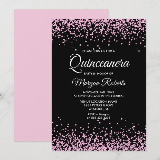 Roze glitter Confetti Black Quinceanera Invite Kaart (Voorkant / Achterkant)