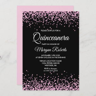 Roze glitter Confetti Black Quinceanera Invite Kaart