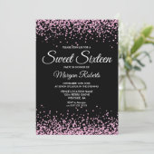 Roze Glitter Confetti Black Sweet 16 Invite Kaart (Staand voorkant)