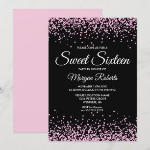 Roze Glitter Confetti Black Sweet 16 Invite Kaart