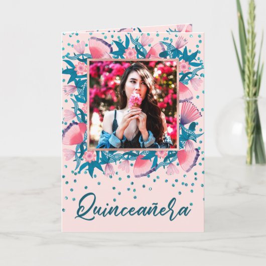 Roze Glitter Confetti Floral Español Quinceañera (Voorkant)