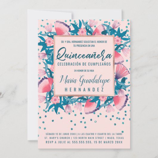 Roze Glitter Confetti Floral Español Quinceañera Kaart (Voorkant)
