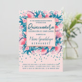 Roze Glitter Confetti Floral Español Quinceañera Kaart (Staand voorkant)