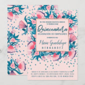 Roze Glitter Confetti Floral Español Quinceañera Kaart (Voorkant / Achterkant)