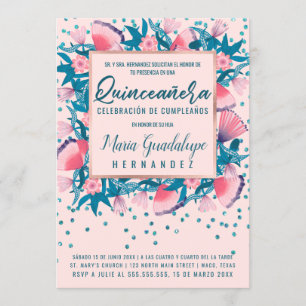 Roze Glitter Confetti Floral Español Quinceañera Kaart