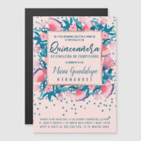 Roze Glitter Confetti Floral Español Quinceañera