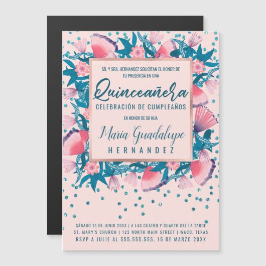 Roze Glitter Confetti Floral Español Quinceañera Magnetische Uitnodiging (Voorkant / Achterkant)